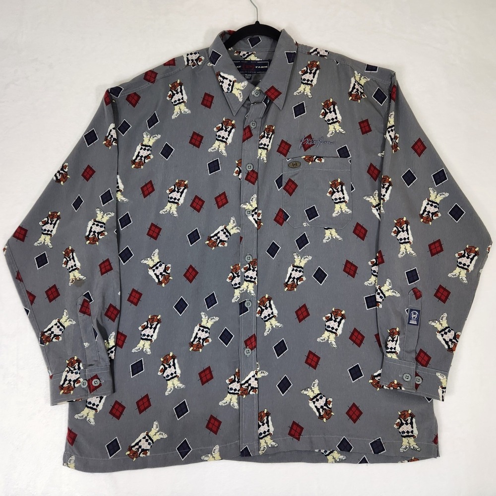 Vintage Phat Farm Bull Argyle Print Button Down Shirt Grey XXL PSH02617
